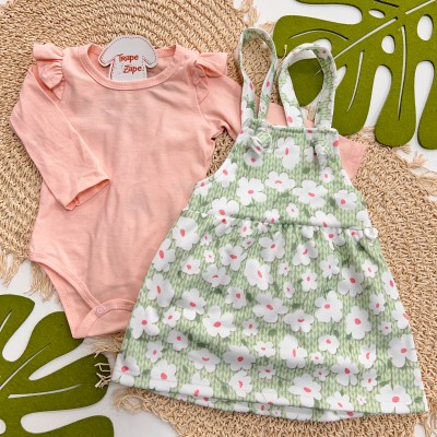  Inverno 2025 - Conjunto Body com Babadinhos e Salopete Estampada - Verde e Salmão 